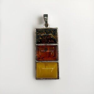 Vintage Sterling Silver 925 Amber Rectangle Modernist Pendant Egg Yolk Green